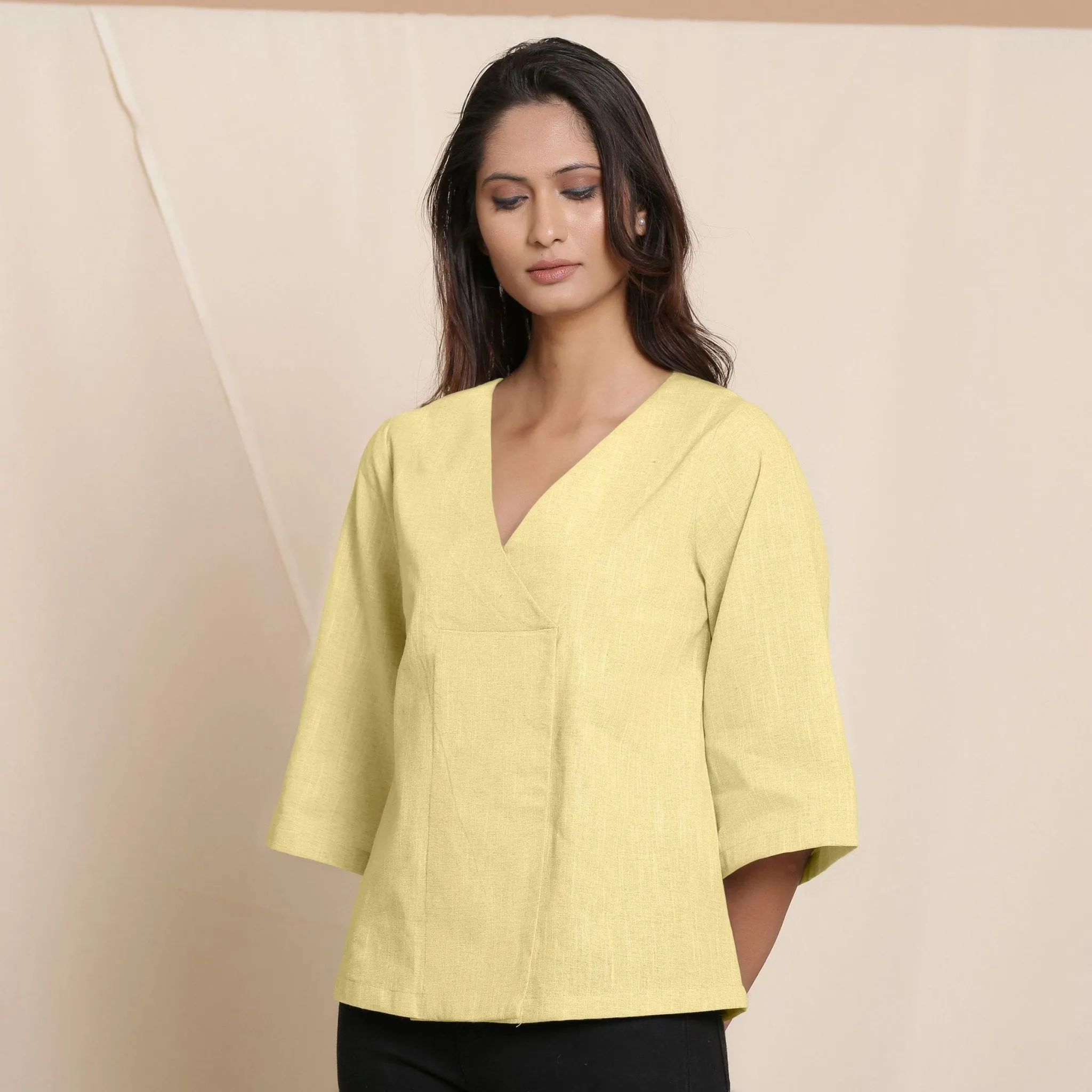 Lemon Yellow 100% Cotton Loose Fit V-Neck Top