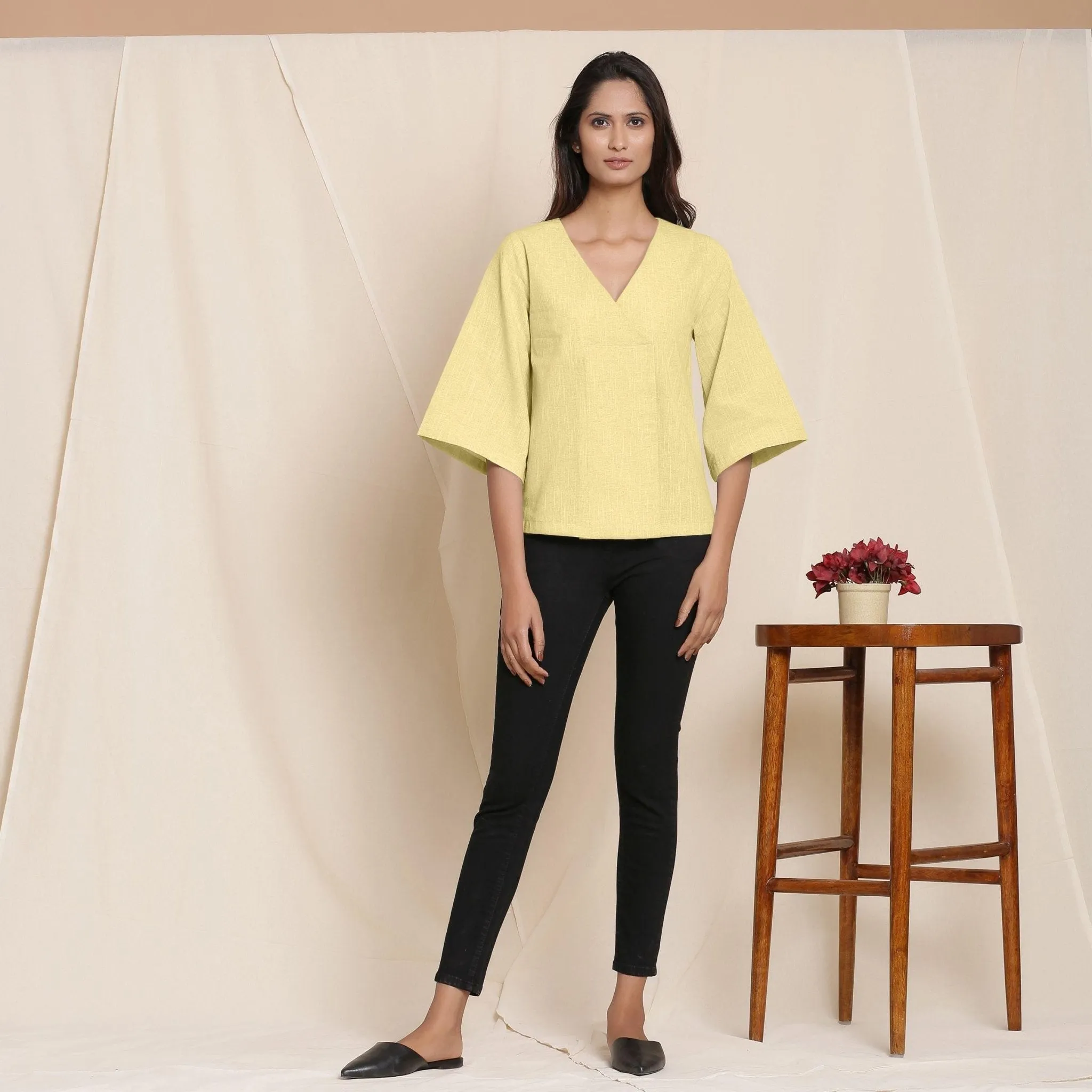 Lemon Yellow 100% Cotton Loose Fit V-Neck Top