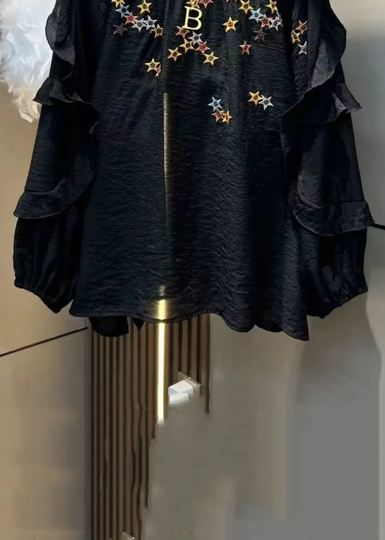 Loose Black Embroidered Ruffled Solid Cotton Tops Long Sleeve MN075