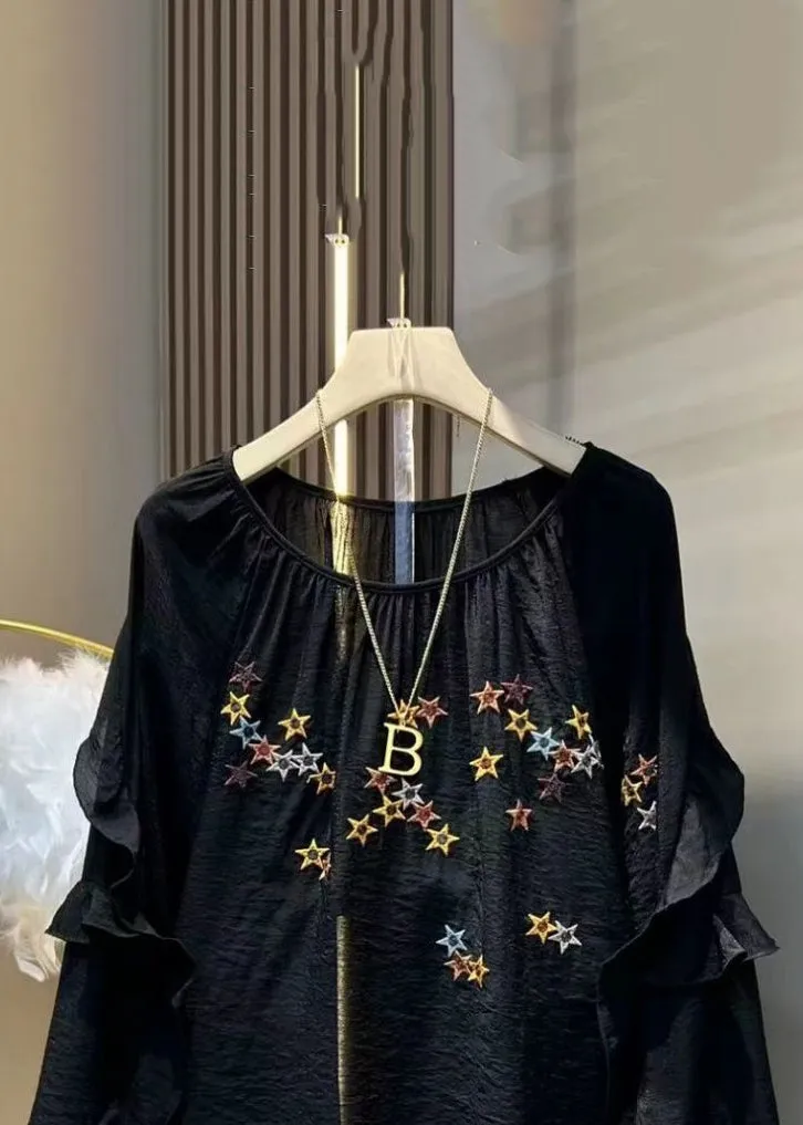 Loose Black Embroidered Ruffled Solid Cotton Tops Long Sleeve MN075