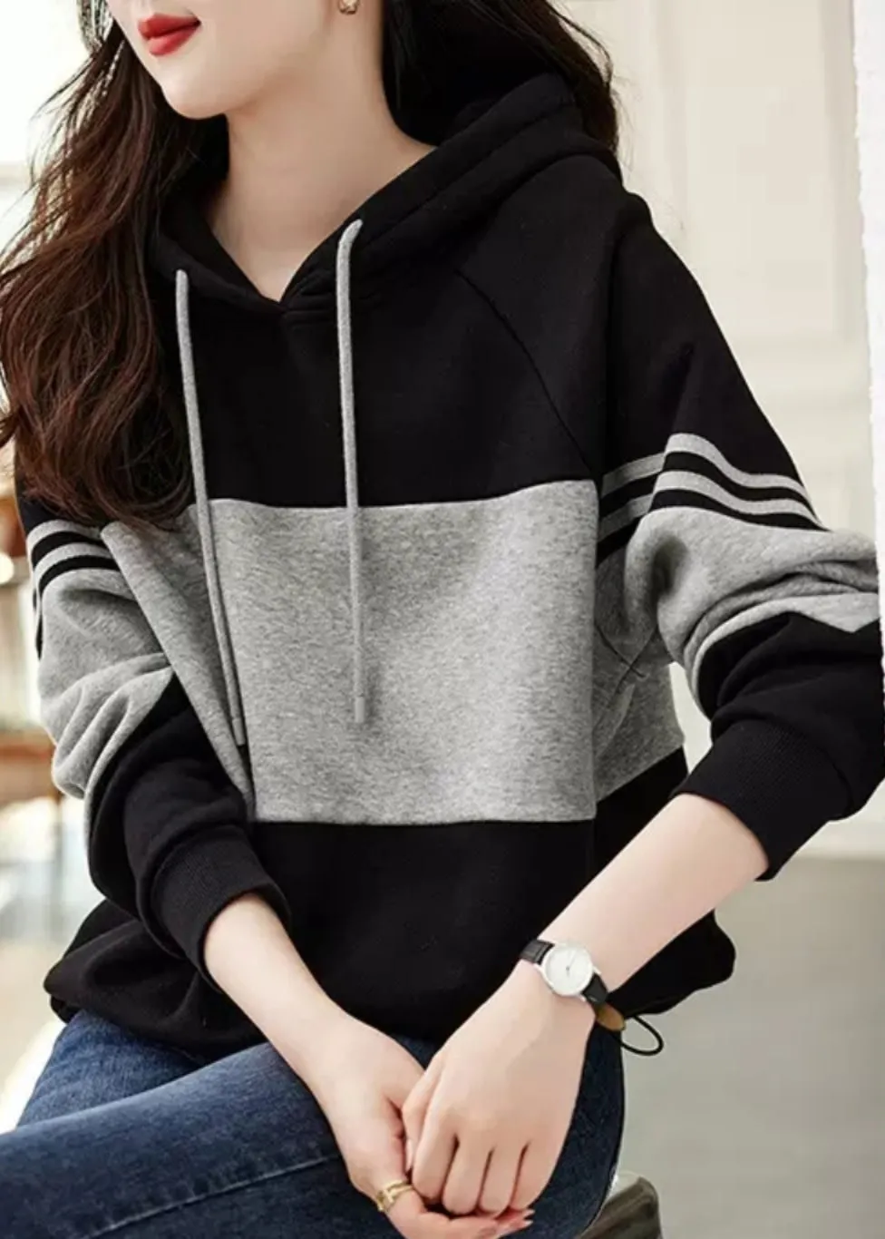 Loose Black Hooded Patchwork Cotton Sweatshirt Tops Fall LY9640