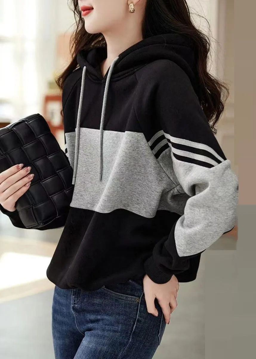 Loose Black Hooded Patchwork Cotton Sweatshirt Tops Fall LY9640