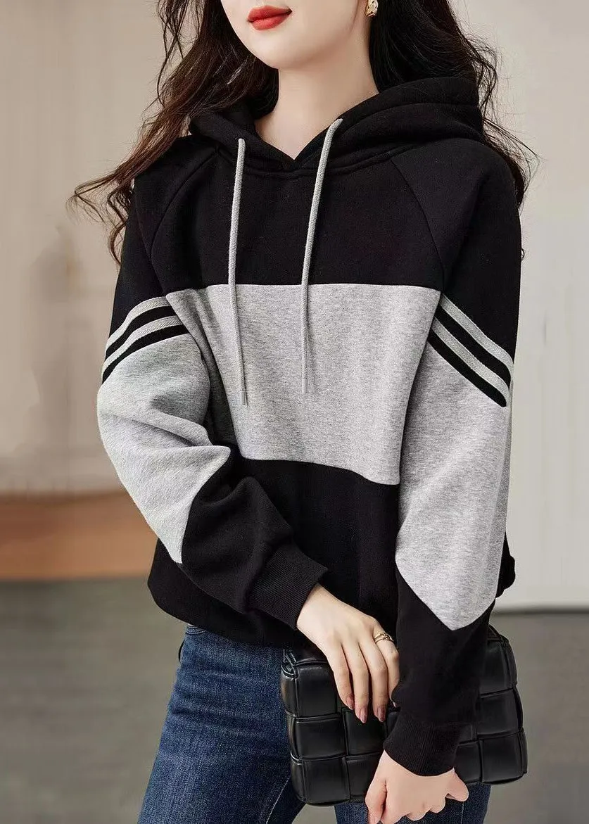 Loose Black Hooded Patchwork Cotton Sweatshirt Tops Fall LY9640