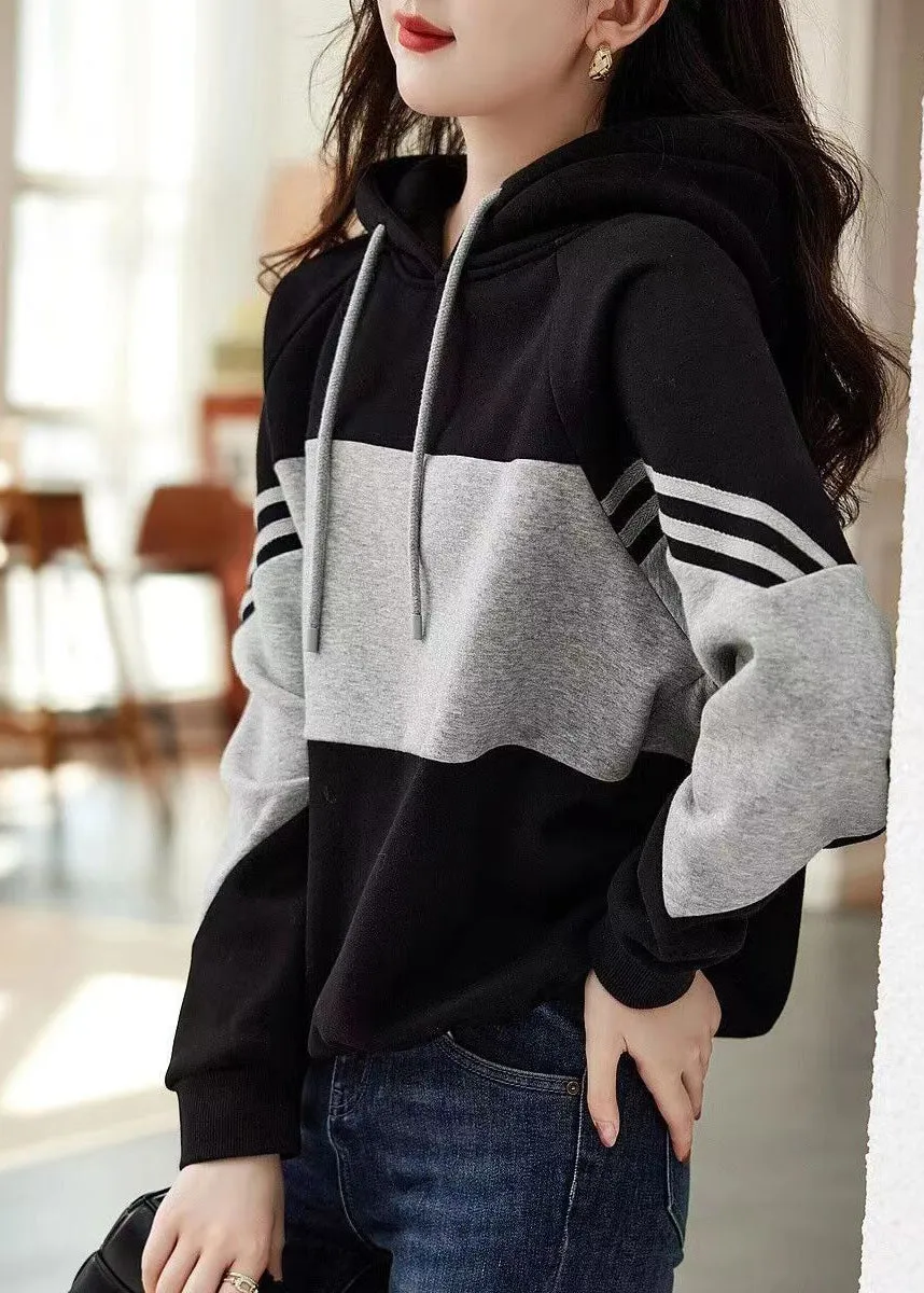 Loose Black Hooded Patchwork Cotton Sweatshirt Tops Fall LY9640