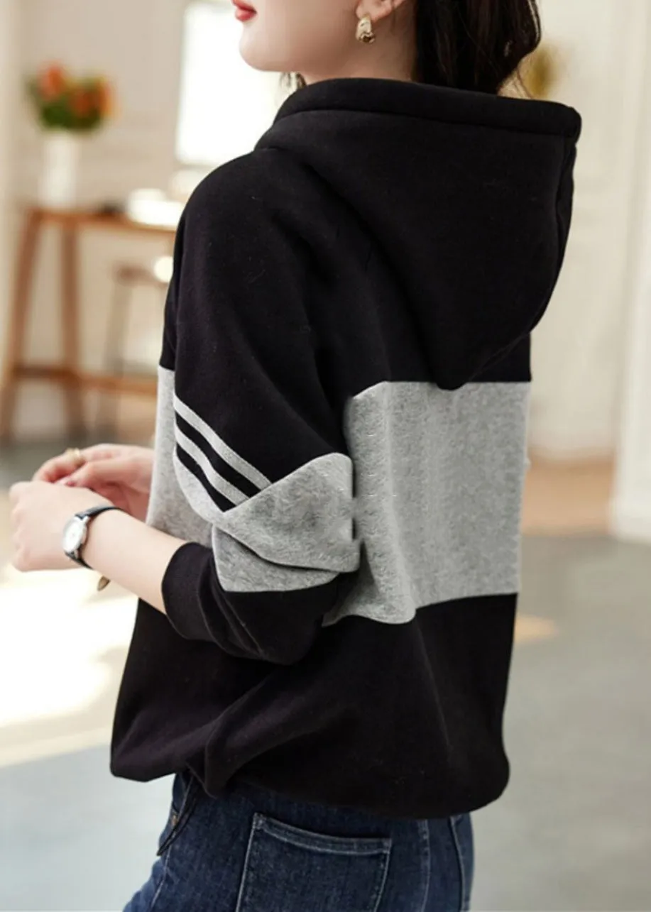 Loose Black Hooded Patchwork Cotton Sweatshirt Tops Fall LY9640