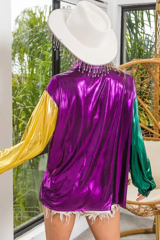 Mardi Gras Metallic Silky Button Down Top