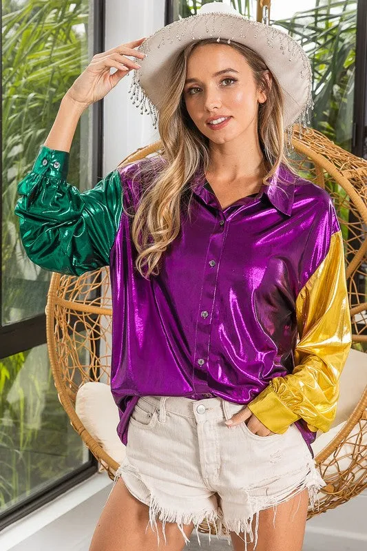 Mardi Gras Metallic Silky Button Down Top