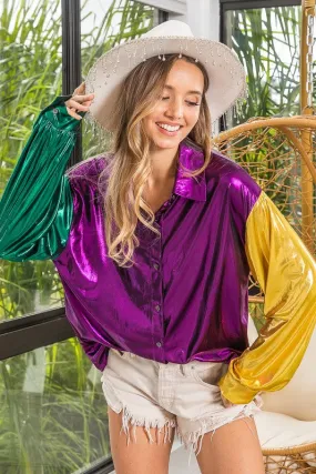 Mardi Gras Metallic Silky Button Down Top