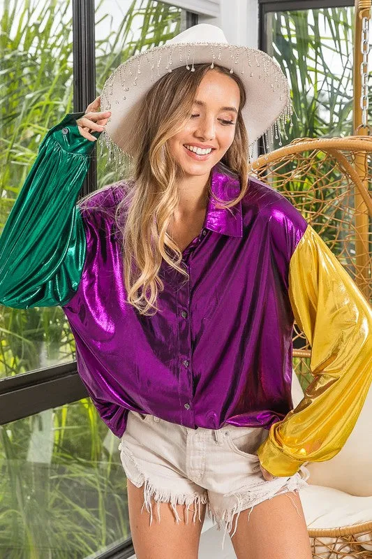 Mardi Gras Metallic Silky Button Down Top