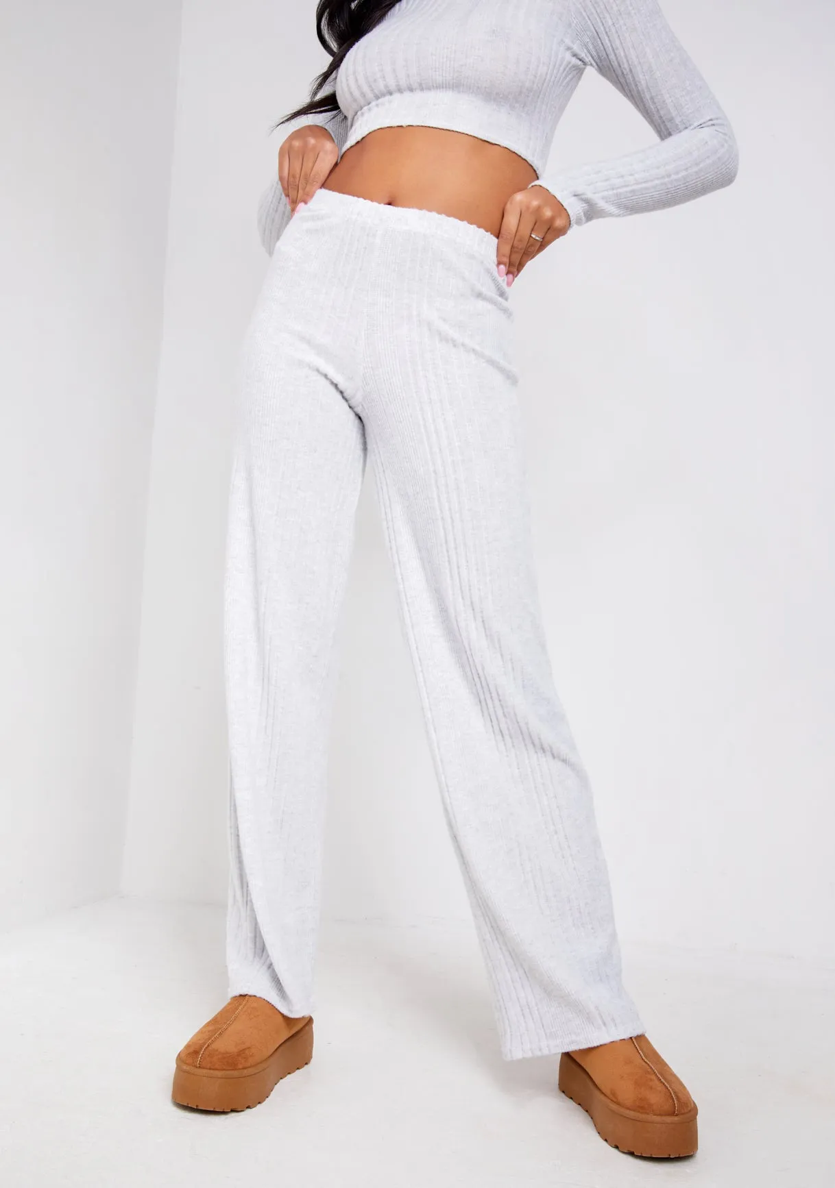 Melanie Light Grey Super Soft Ribbed Wide Leg Trousers