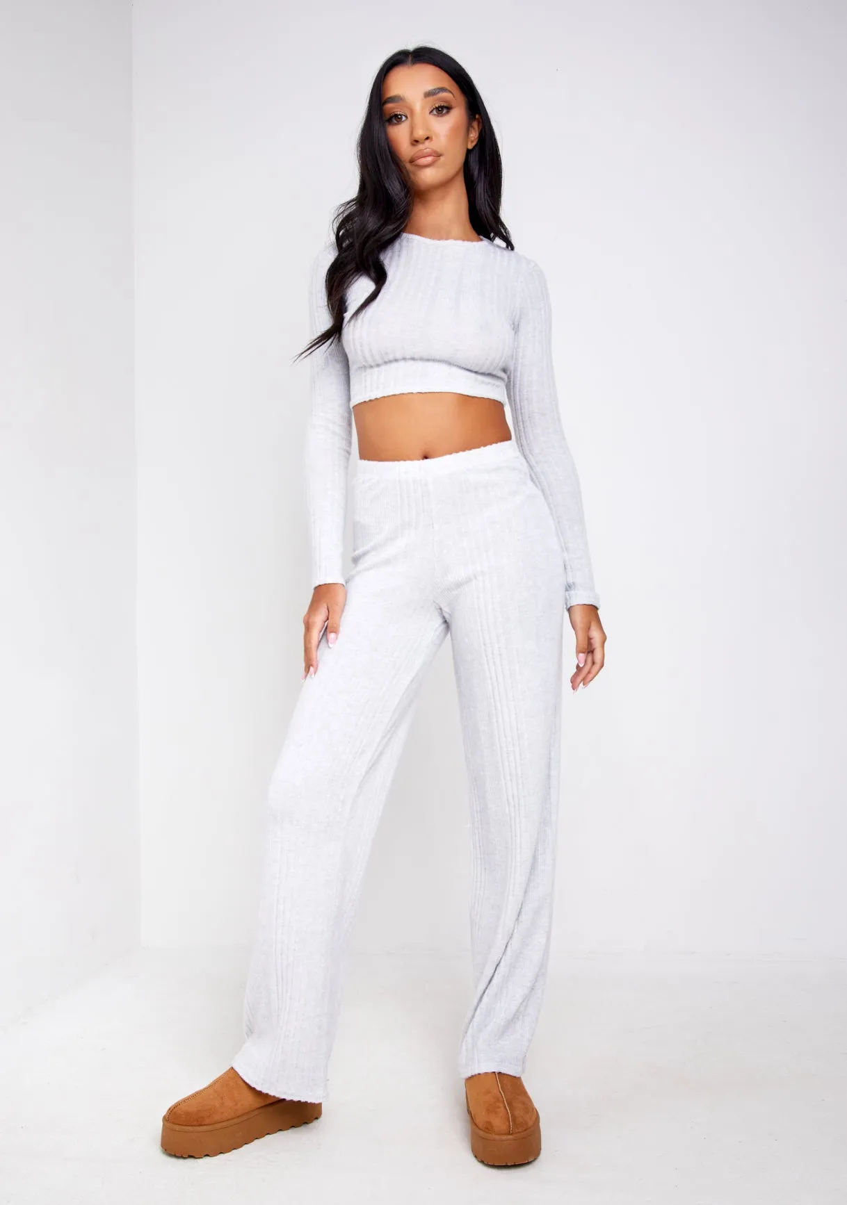 Melanie Light Grey Super Soft Ribbed Wide Leg Trousers