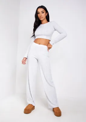 Melanie Light Grey Super Soft Ribbed Wide Leg Trousers