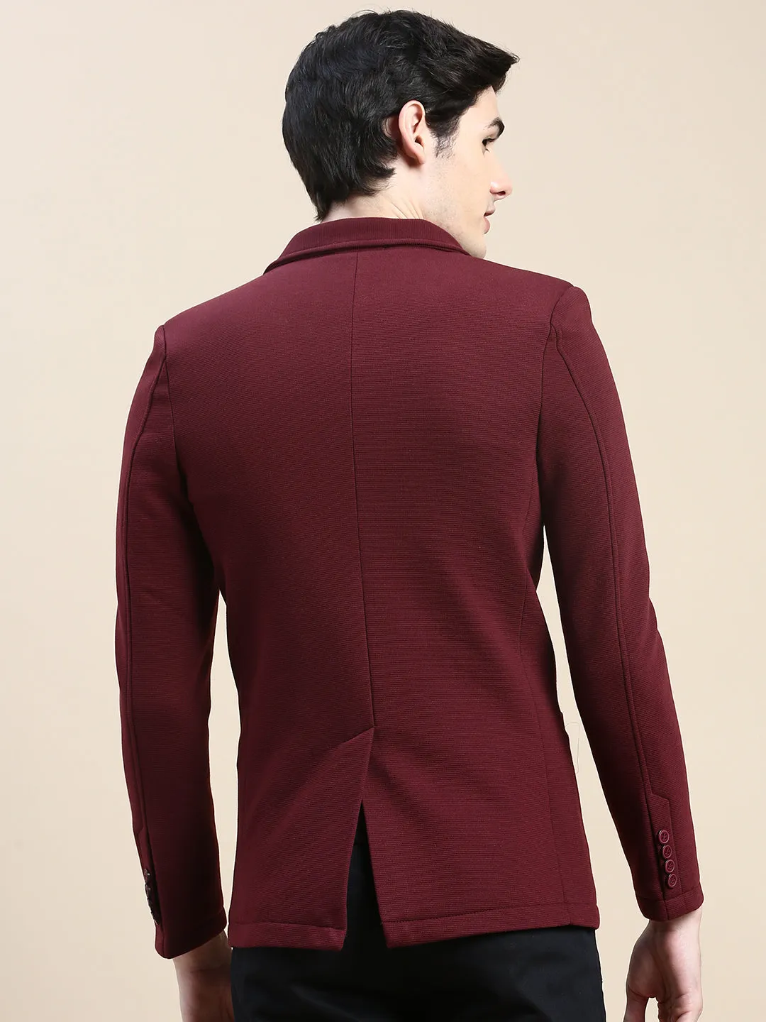 Men Burgundy Solid Casual Blazers