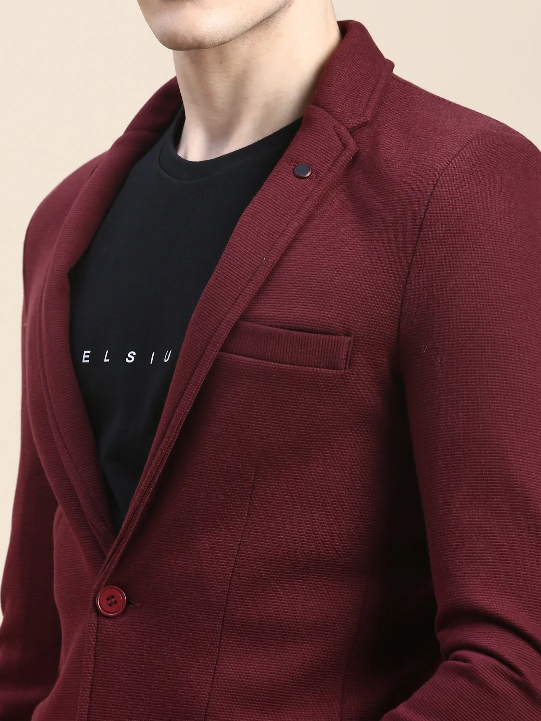 Men Burgundy Solid Casual Blazers