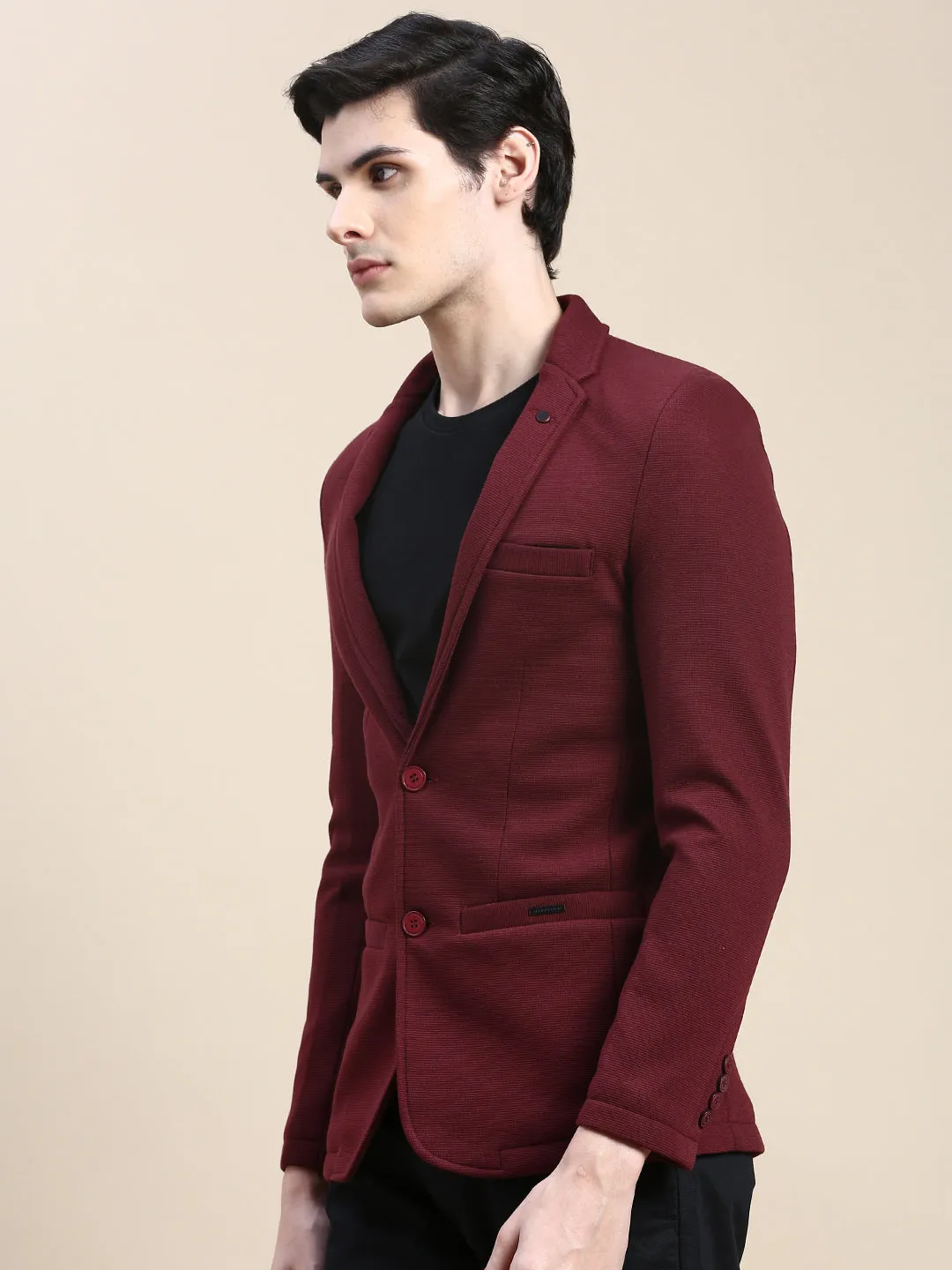 Men Burgundy Solid Casual Blazers