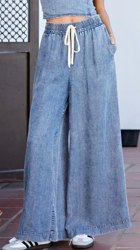 Mineral Wash Wide Leg Tencel Pants