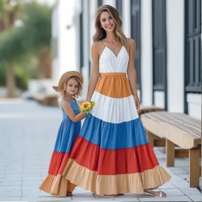 Mom and Daughter Color Block Matching Cami Maxi Dress