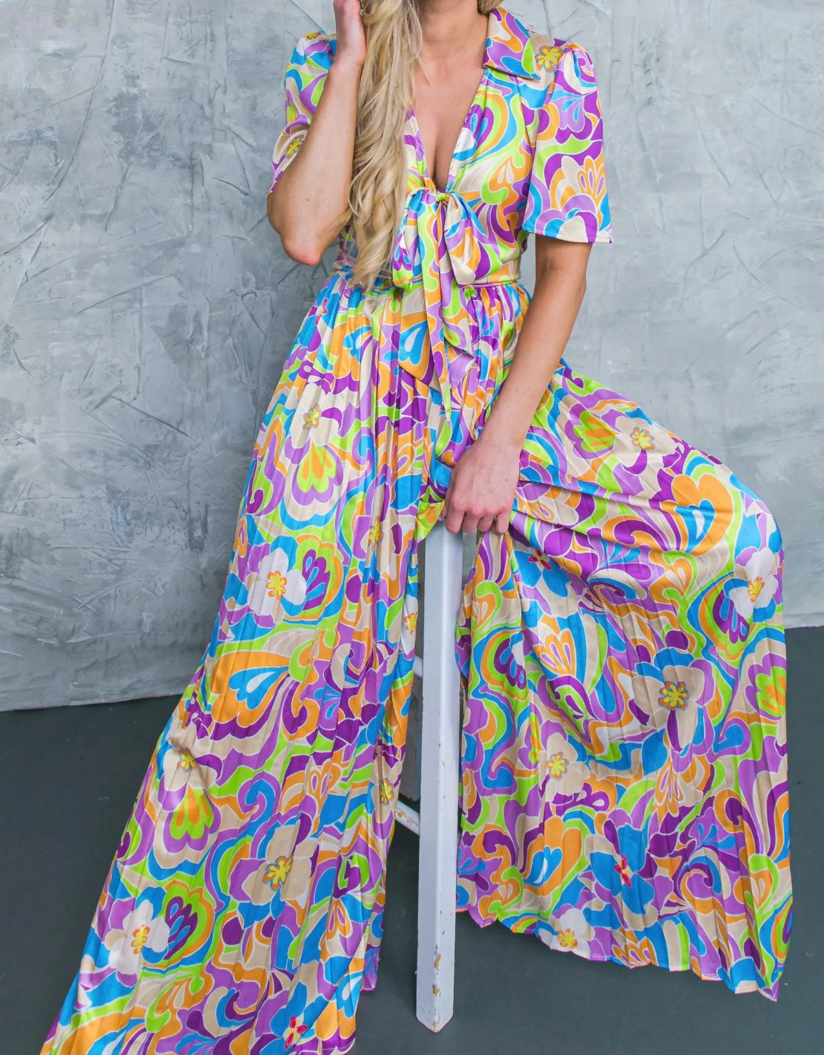 Multi Print Tie Front Chest Wide Leg Jumpsuit