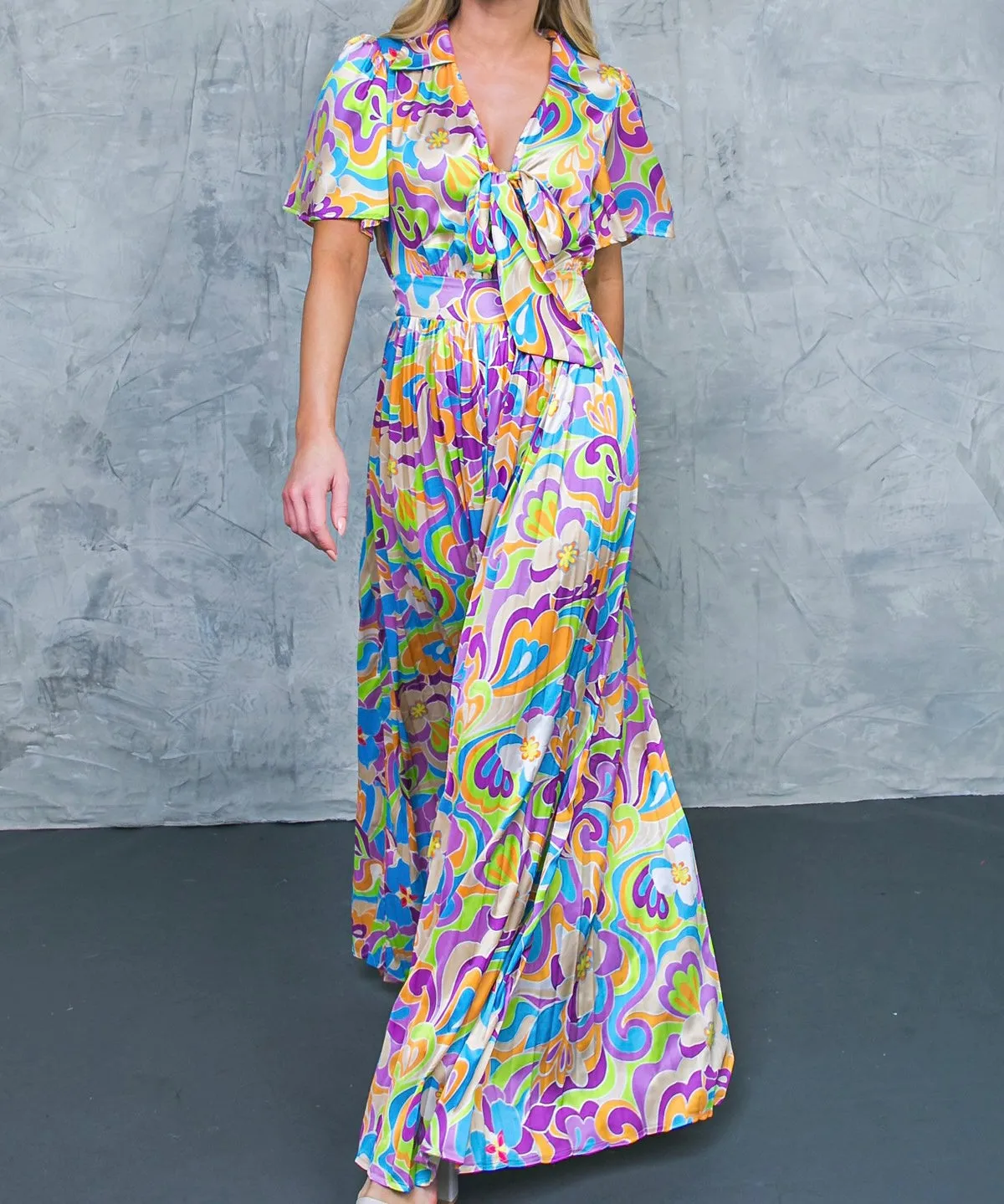 Multi Print Tie Front Chest Wide Leg Jumpsuit