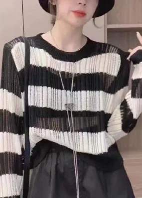 Natural Black O Neck Striped Hollow Out Thin Knit Tops Long Sleeve LY4668