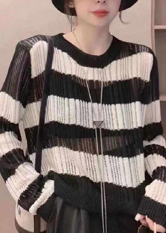 Natural Black O Neck Striped Hollow Out Thin Knit Tops Long Sleeve LY4668