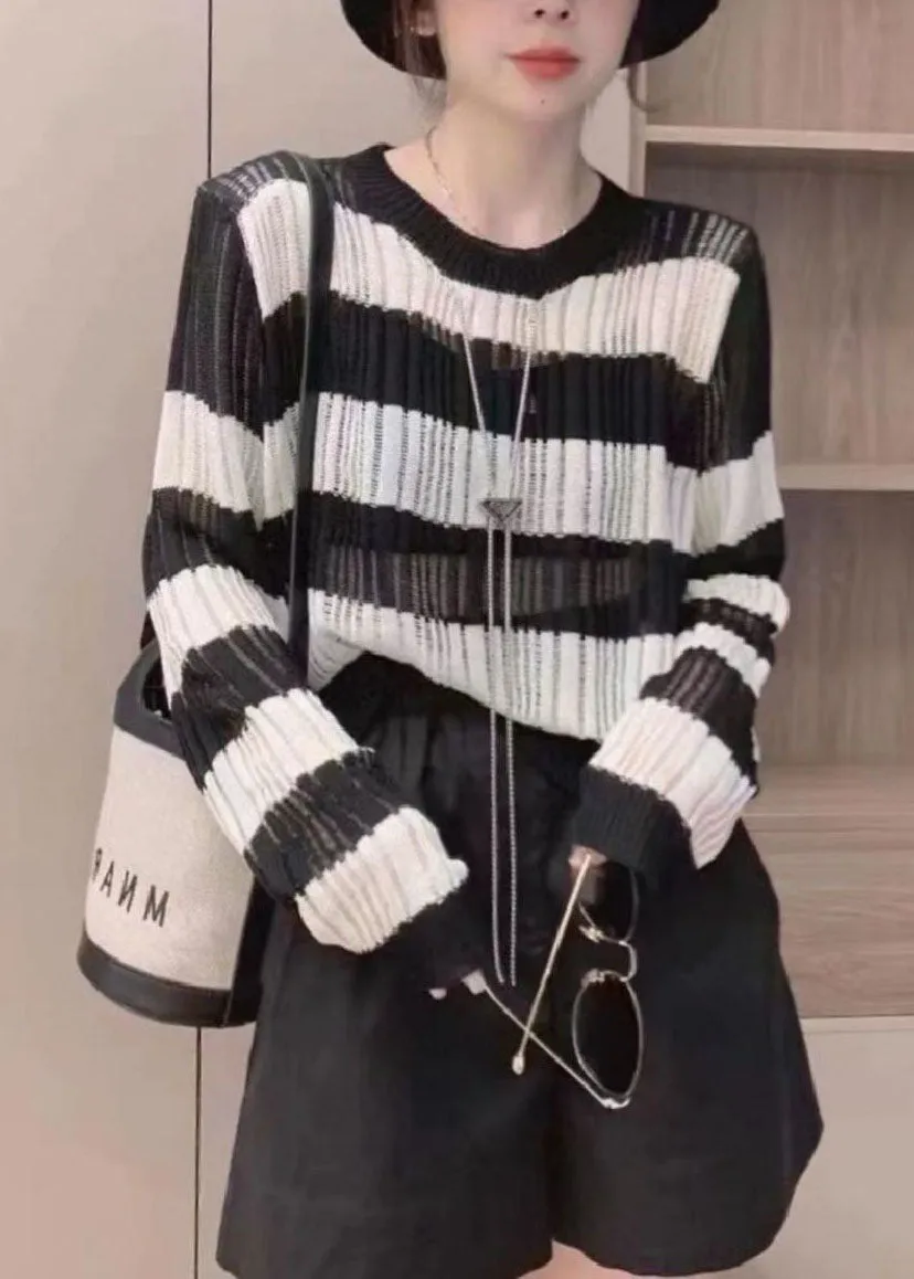 Natural Black O Neck Striped Hollow Out Thin Knit Tops Long Sleeve LY4668