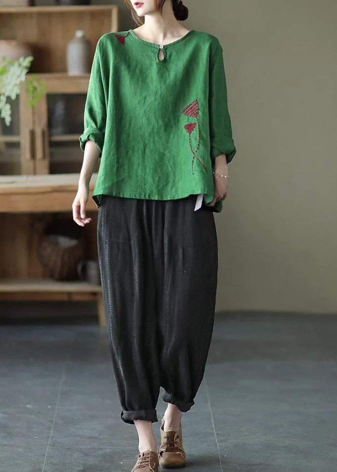 Plus Size Green Loose Embroideried Fall Linen Shirt Tops Long Sleeve