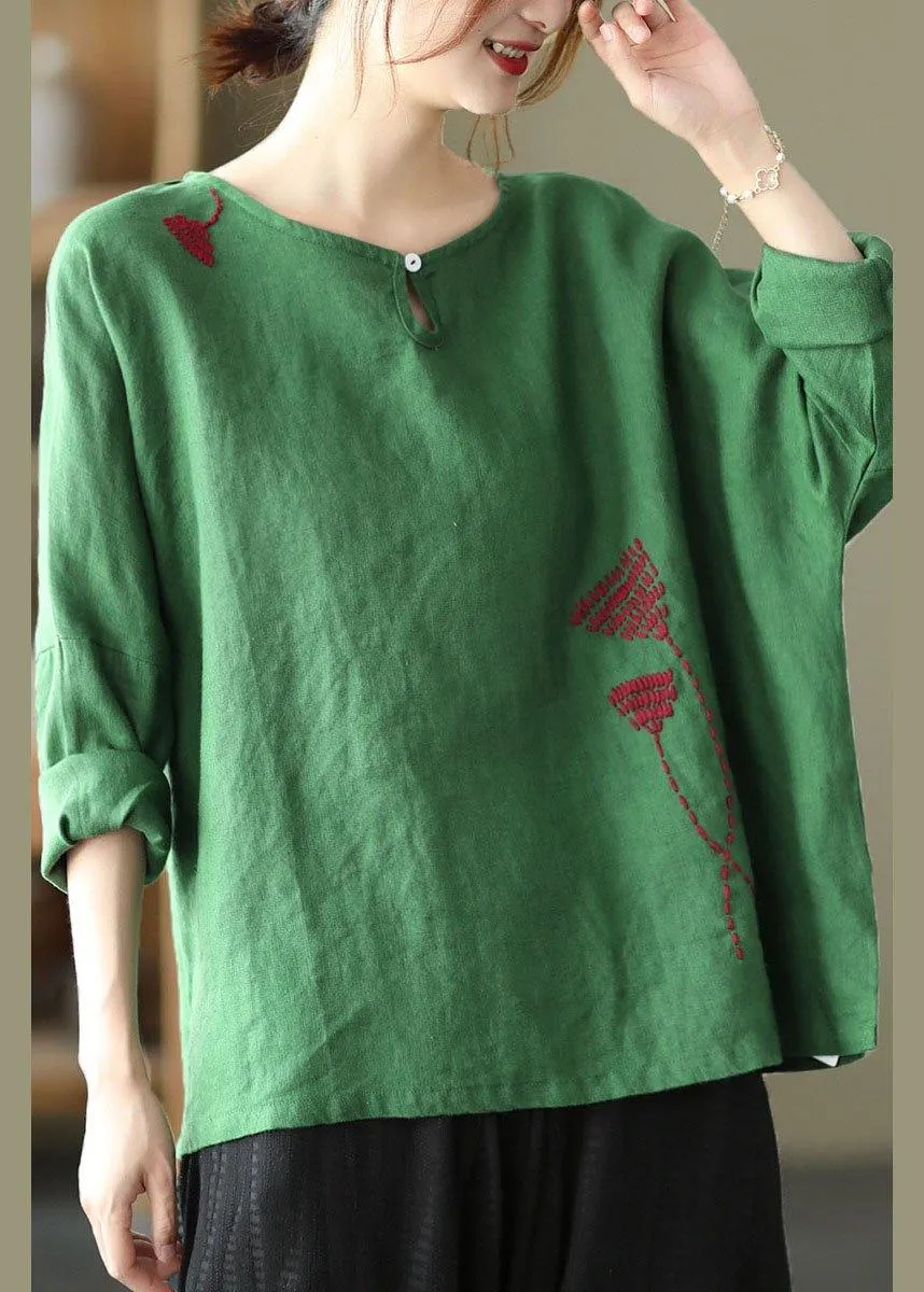 Plus Size Green Loose Embroideried Fall Linen Shirt Tops Long Sleeve