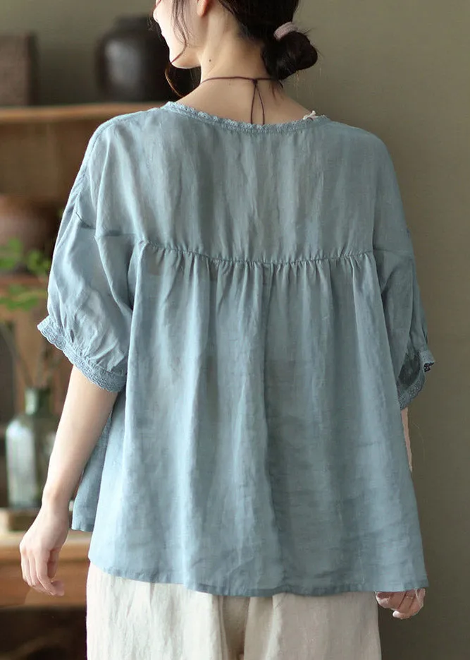 Plus Size Light Blue Grey Button Linen Tops Half Sleeve