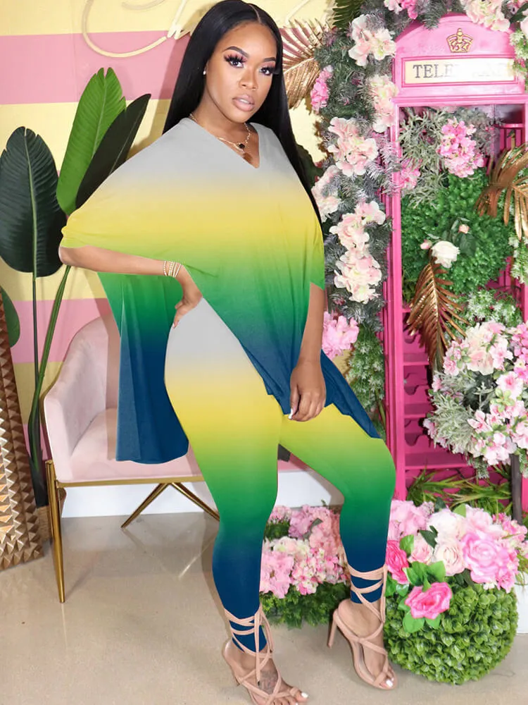 Plus Size Two Piece Tie Dyed Slit Tops Bodycon Pants Sets