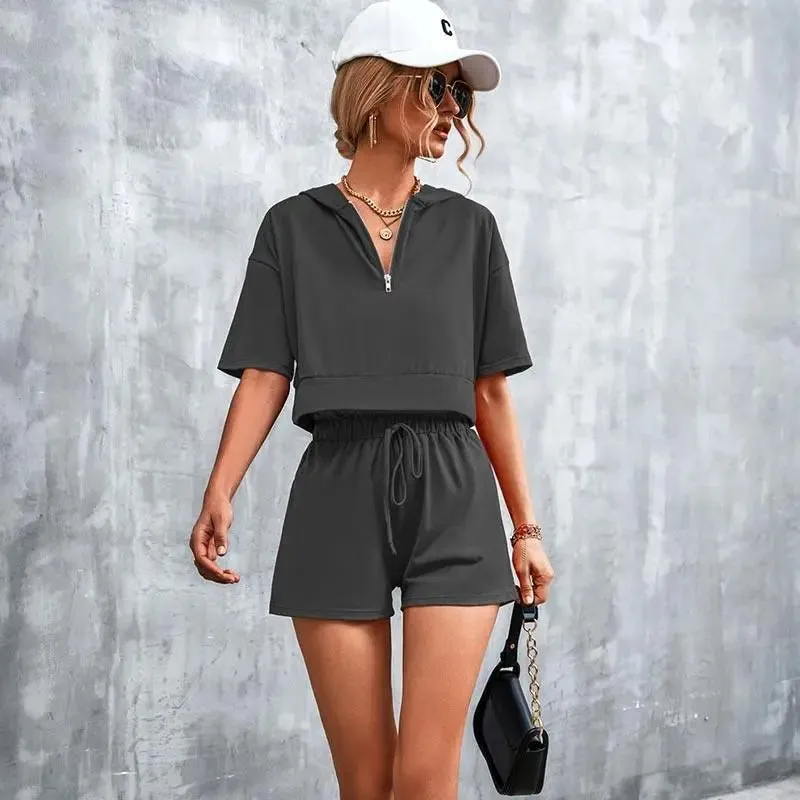 Solid Hooded Zip Casual Shorts Set