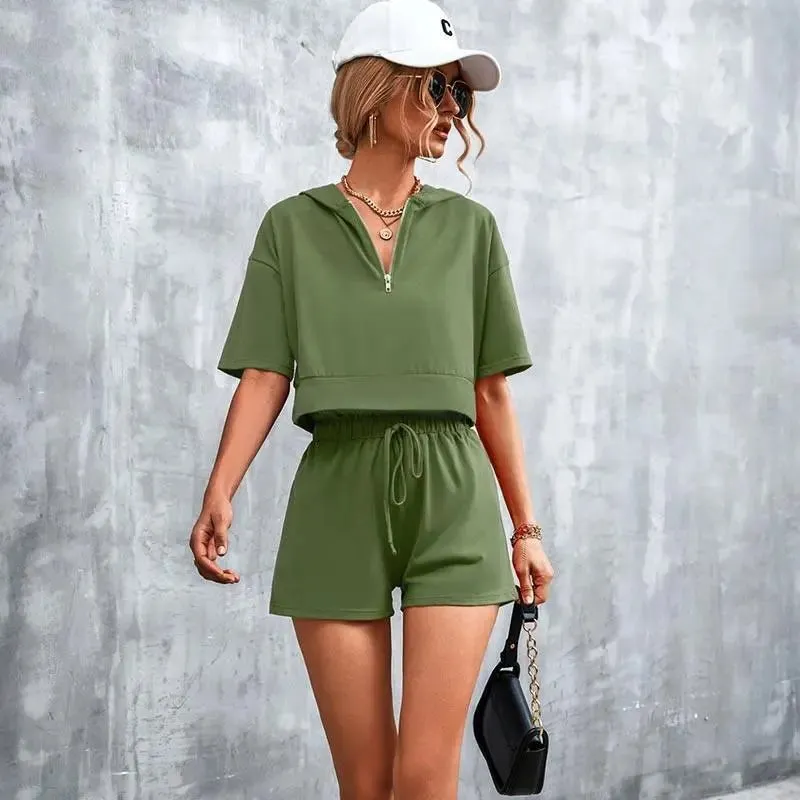 Solid Hooded Zip Casual Shorts Set