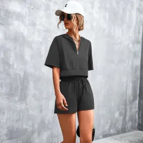 Solid Hooded Zip Casual Shorts Set