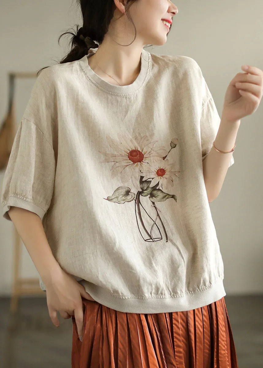 Stylish Linen Color O-Neck Oversized Print Linen Tank Tops Short Sleeve