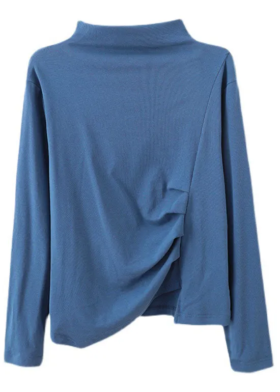 Vintage Blue Turtleneck asymmetrical design Patchwork Fall Tops