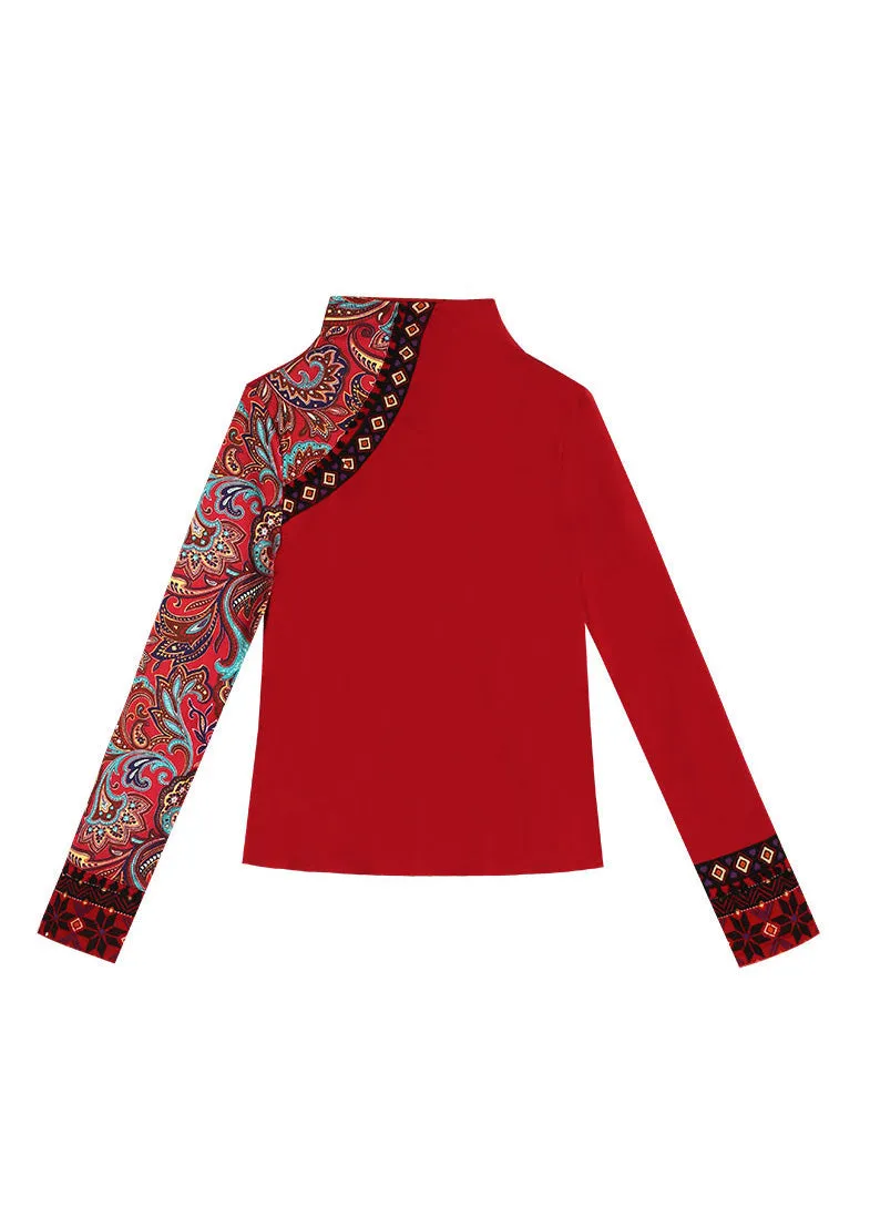 Vintage Red Turtleneck Print Cotton Tops Spring LY0193