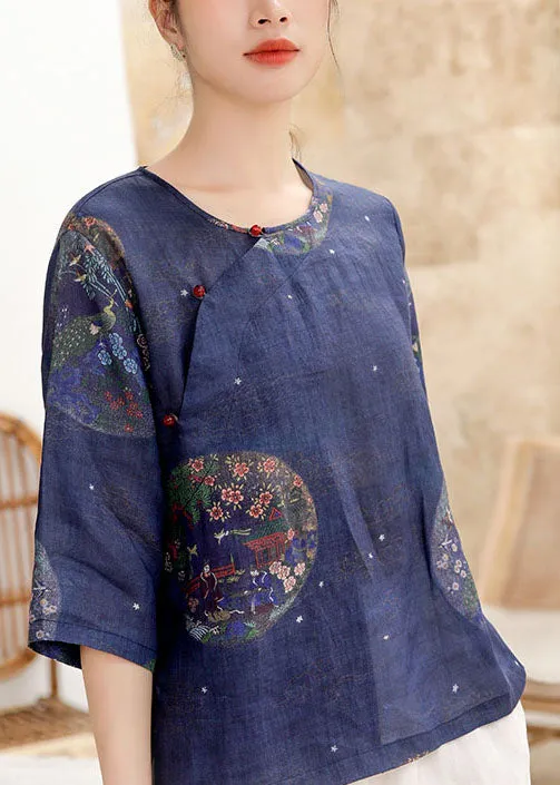 Vintage Tibetan Blue button O-Neck print Linen Shirt Tops Half Sleeve