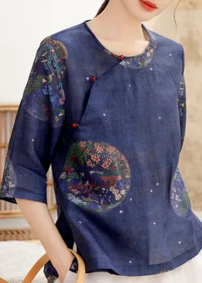 Vintage Tibetan Blue button O-Neck print Linen Shirt Tops Half Sleeve