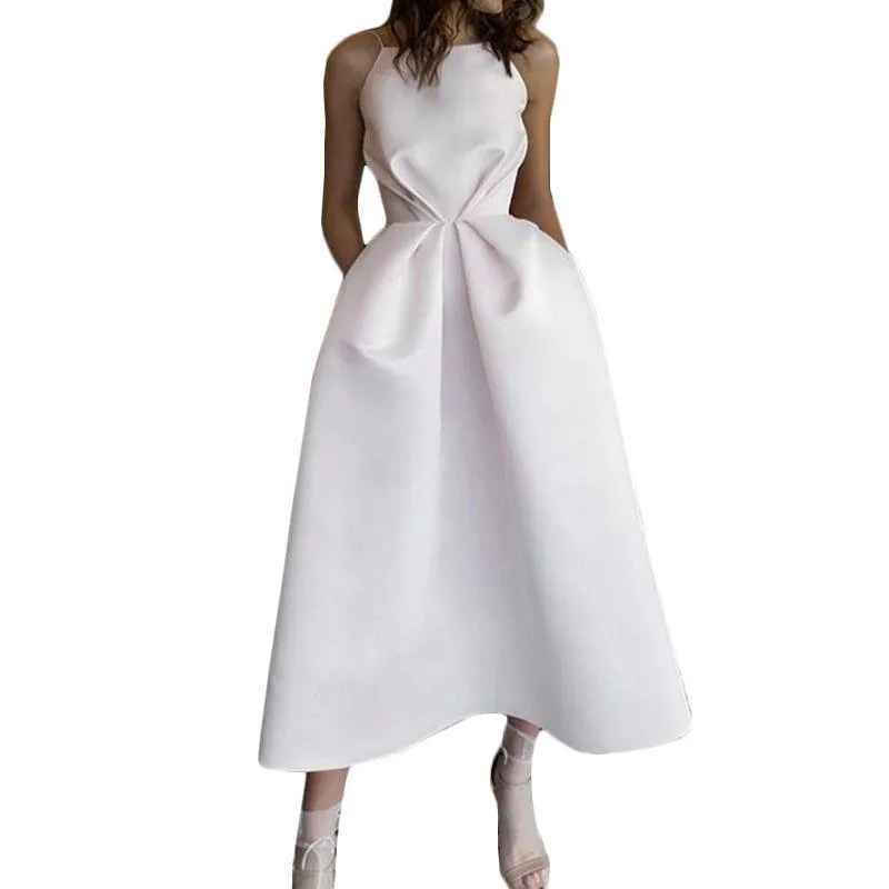 White Sexy Backless Midi Length Dresses