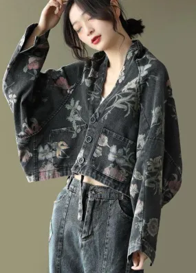 Women Black Print Batwing Sleeve Denim tops