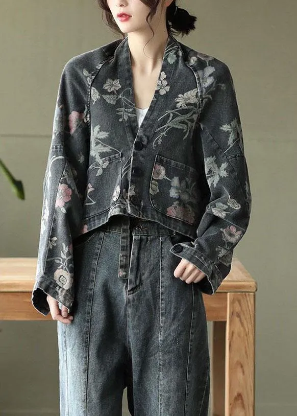 Women Black Print Batwing Sleeve Denim tops