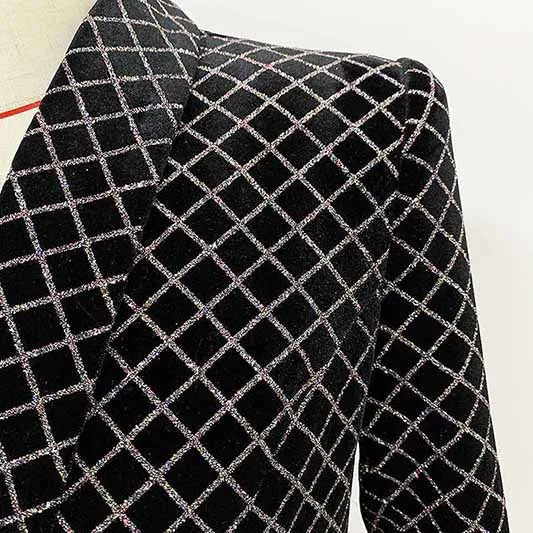 Women Gold Check Blazer Double Breasted Black Fashion Jacket