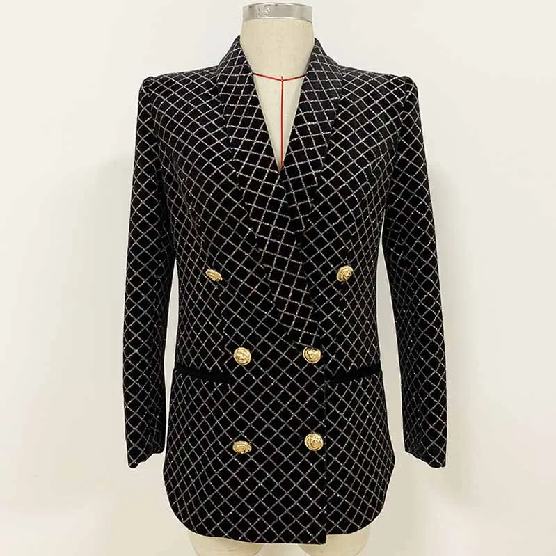 Women Gold Check Blazer Double Breasted Black Fashion Jacket