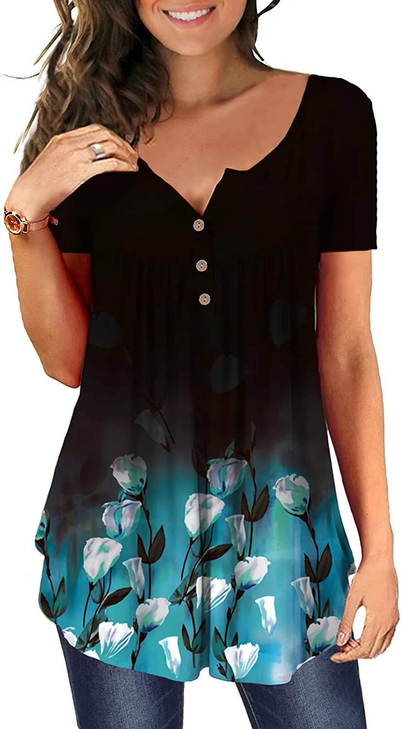 Women's Floral Tunic Tops Casual Blouse V Neck Short Sleeve blouse