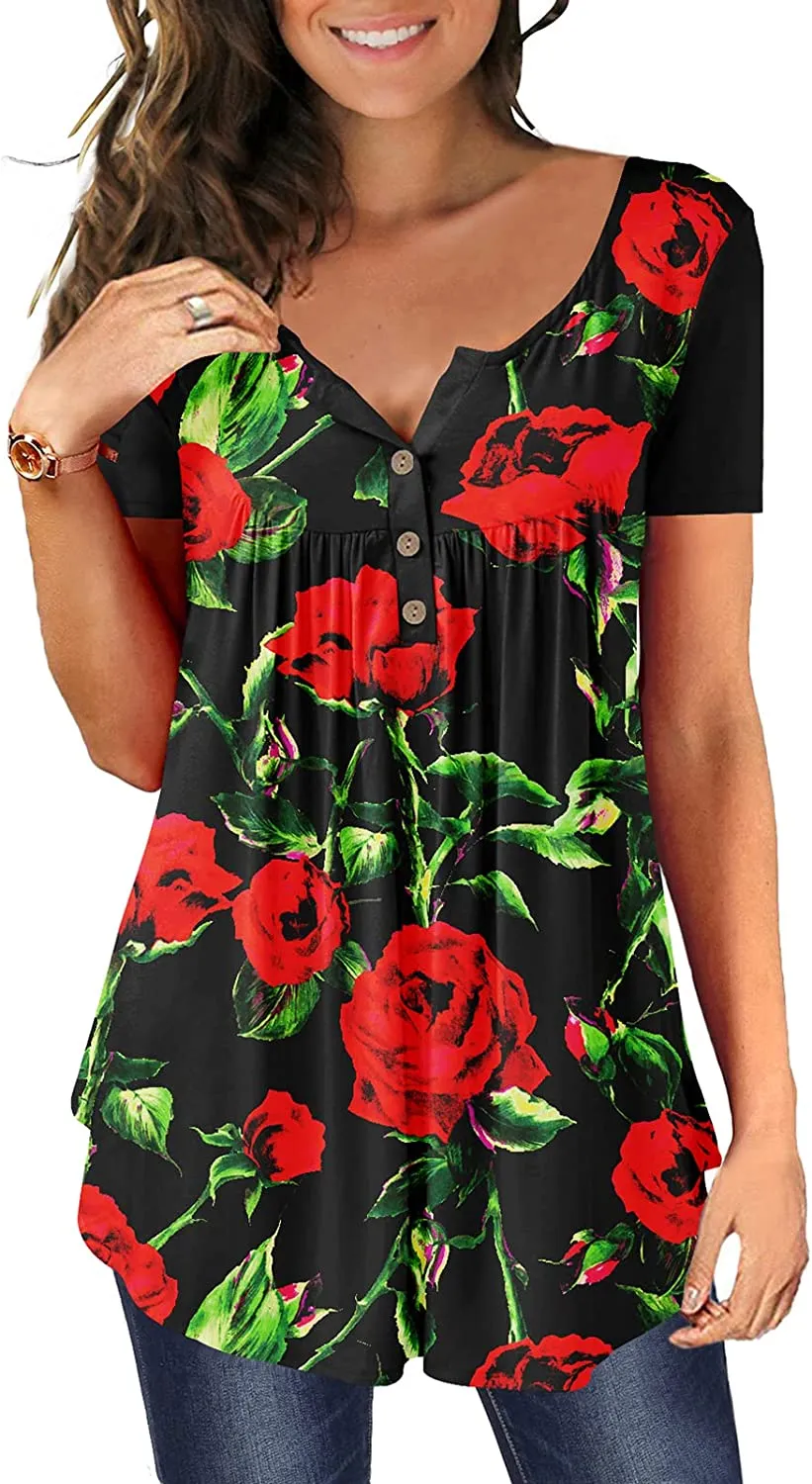 Women's Floral Tunic Tops Casual Blouse V Neck Short Sleeve blouse