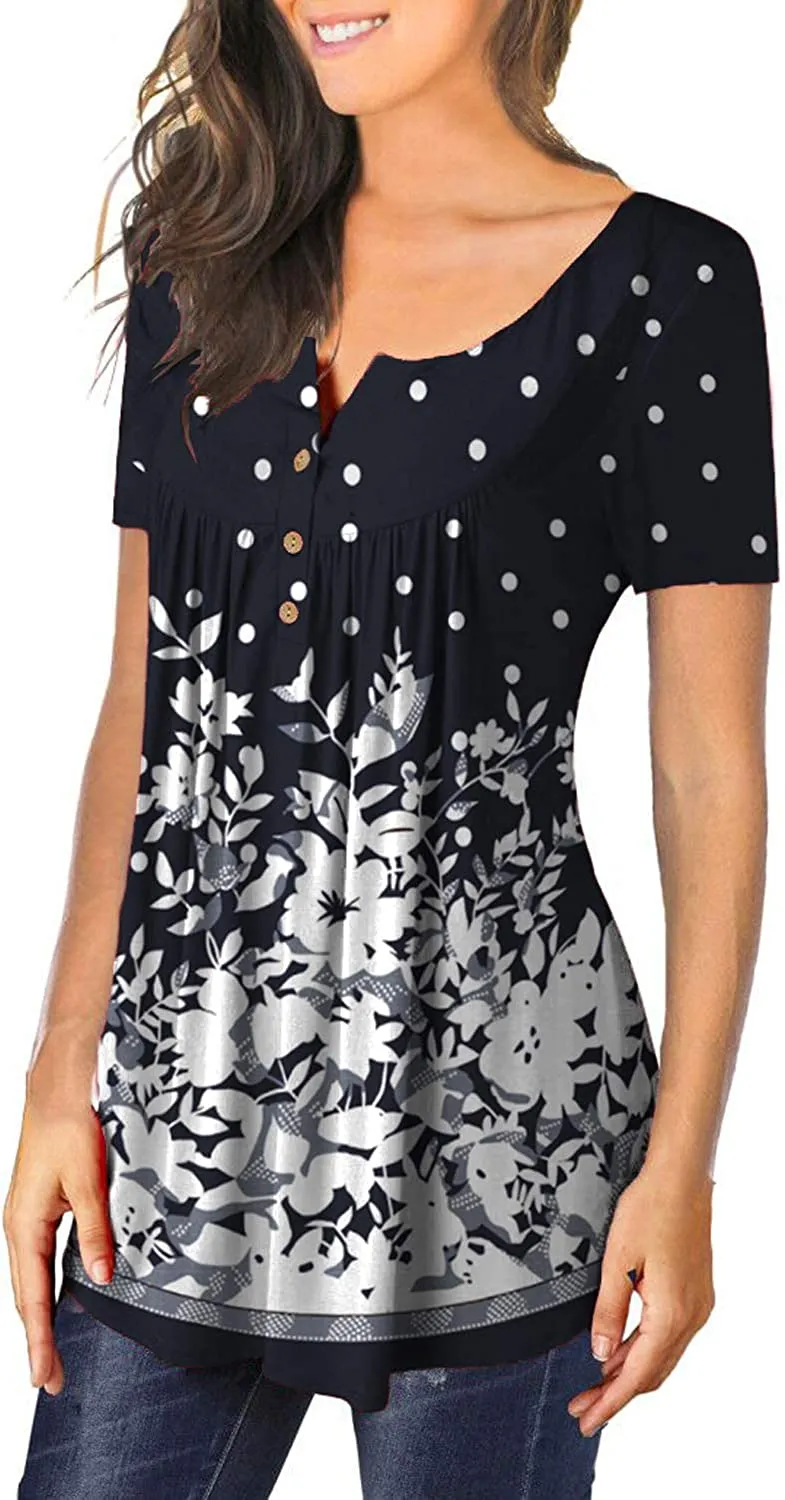 Women's Floral Tunic Tops Casual Blouse V Neck Short Sleeve blouse