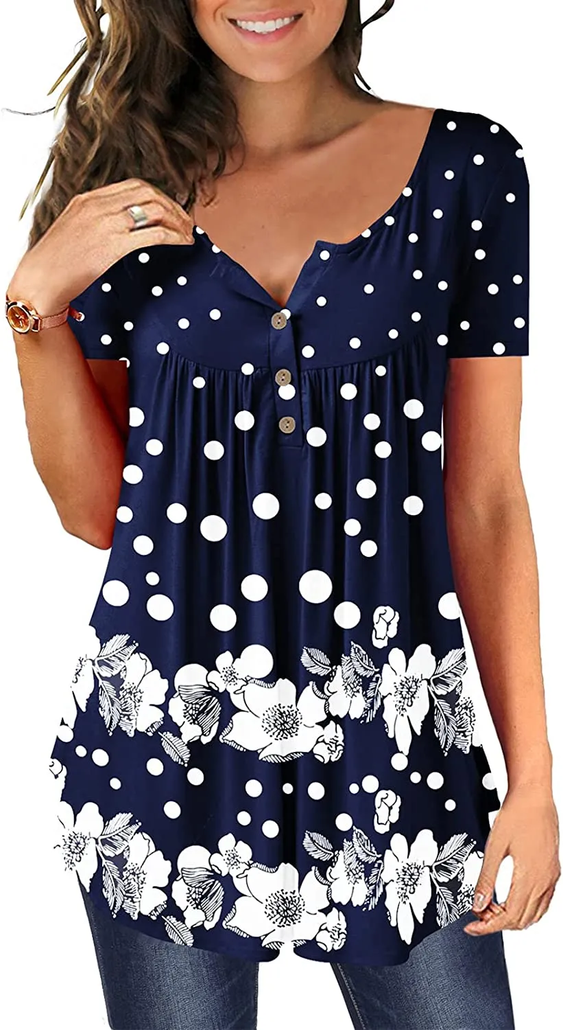 Women's Floral Tunic Tops Casual Blouse V Neck Short Sleeve blouse