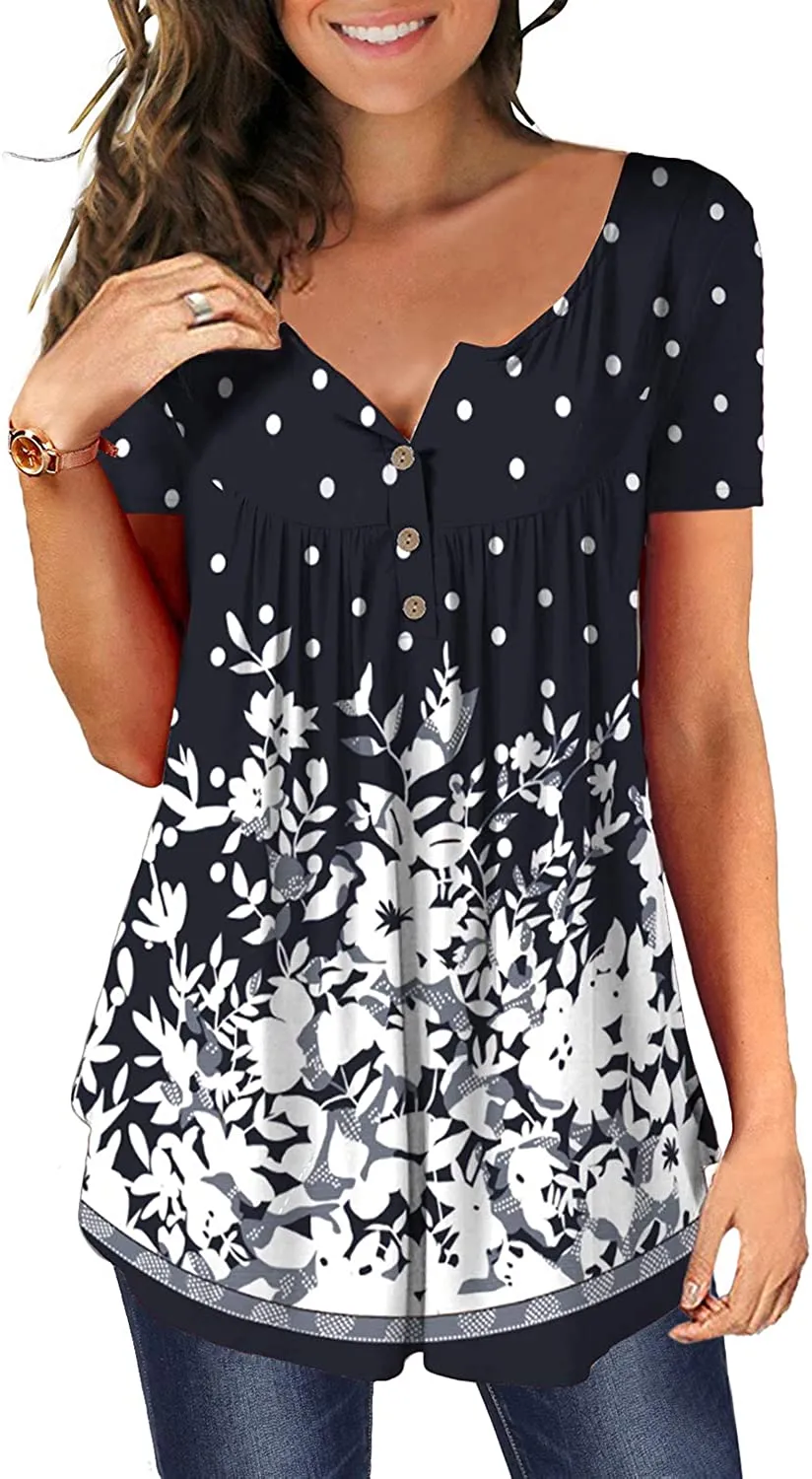 Women's Floral Tunic Tops Casual Blouse V Neck Short Sleeve blouse