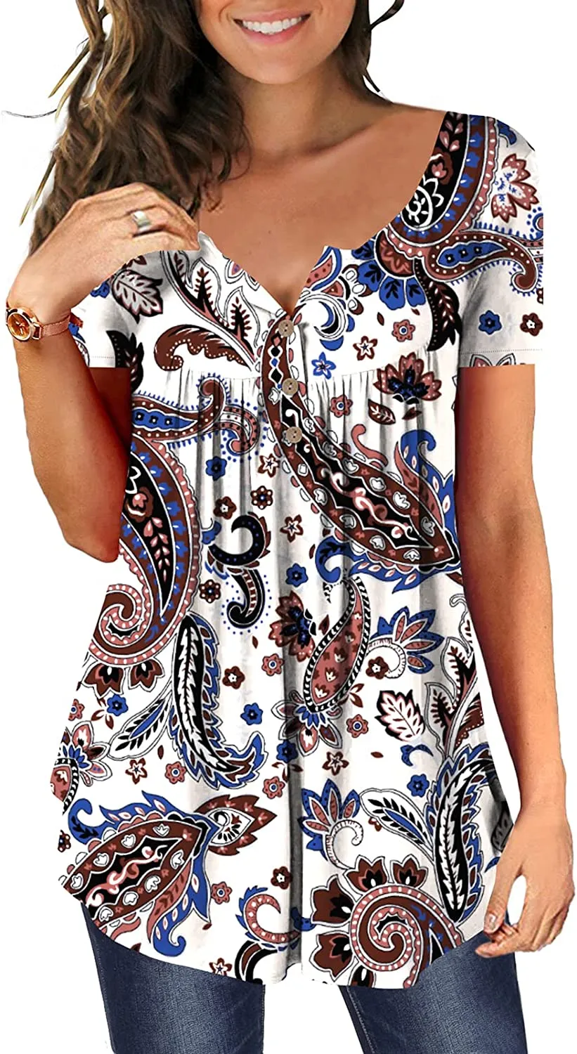 Women's Floral Tunic Tops Casual Blouse V Neck Short Sleeve blouse