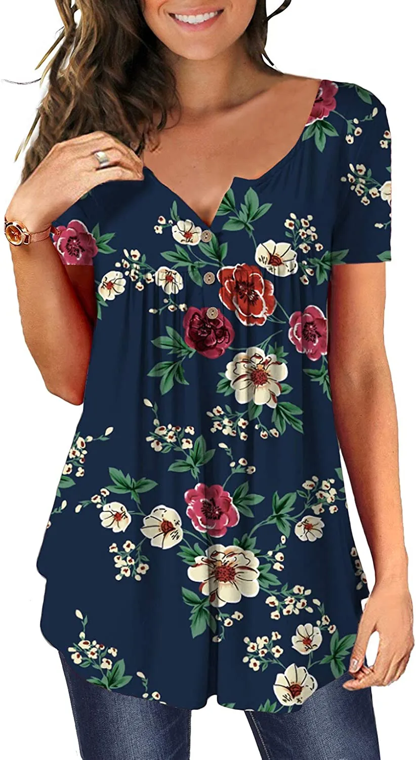 Women's Floral Tunic Tops Casual Blouse V Neck Short Sleeve blouse